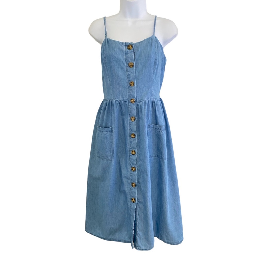 Chambray midi button front dress with pockets